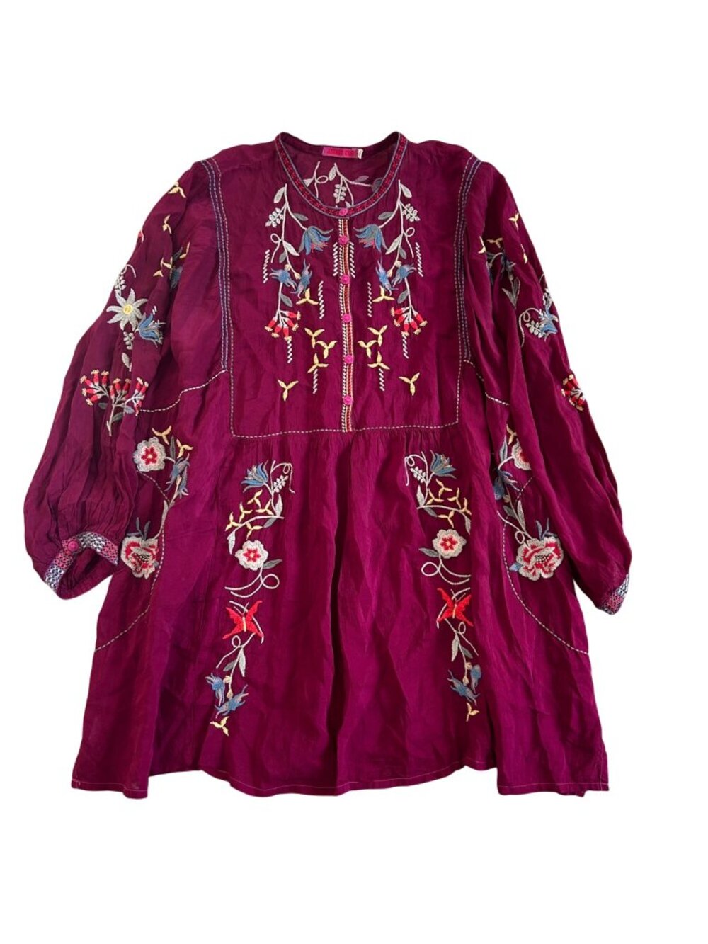 Johnny Was Womens Sz 2X Embroidered Burgundy Tunic Dress Boho Floral Long Sleeve